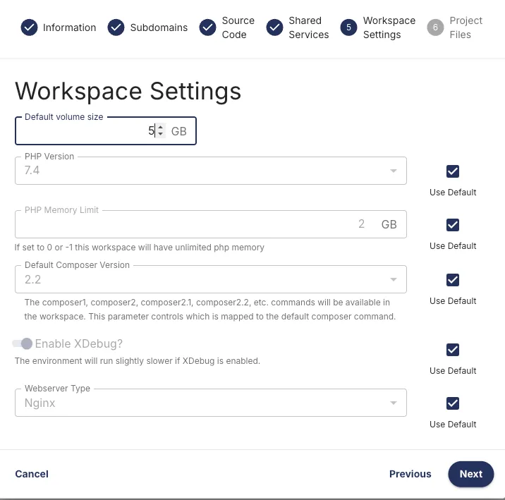 Default workspace settings step